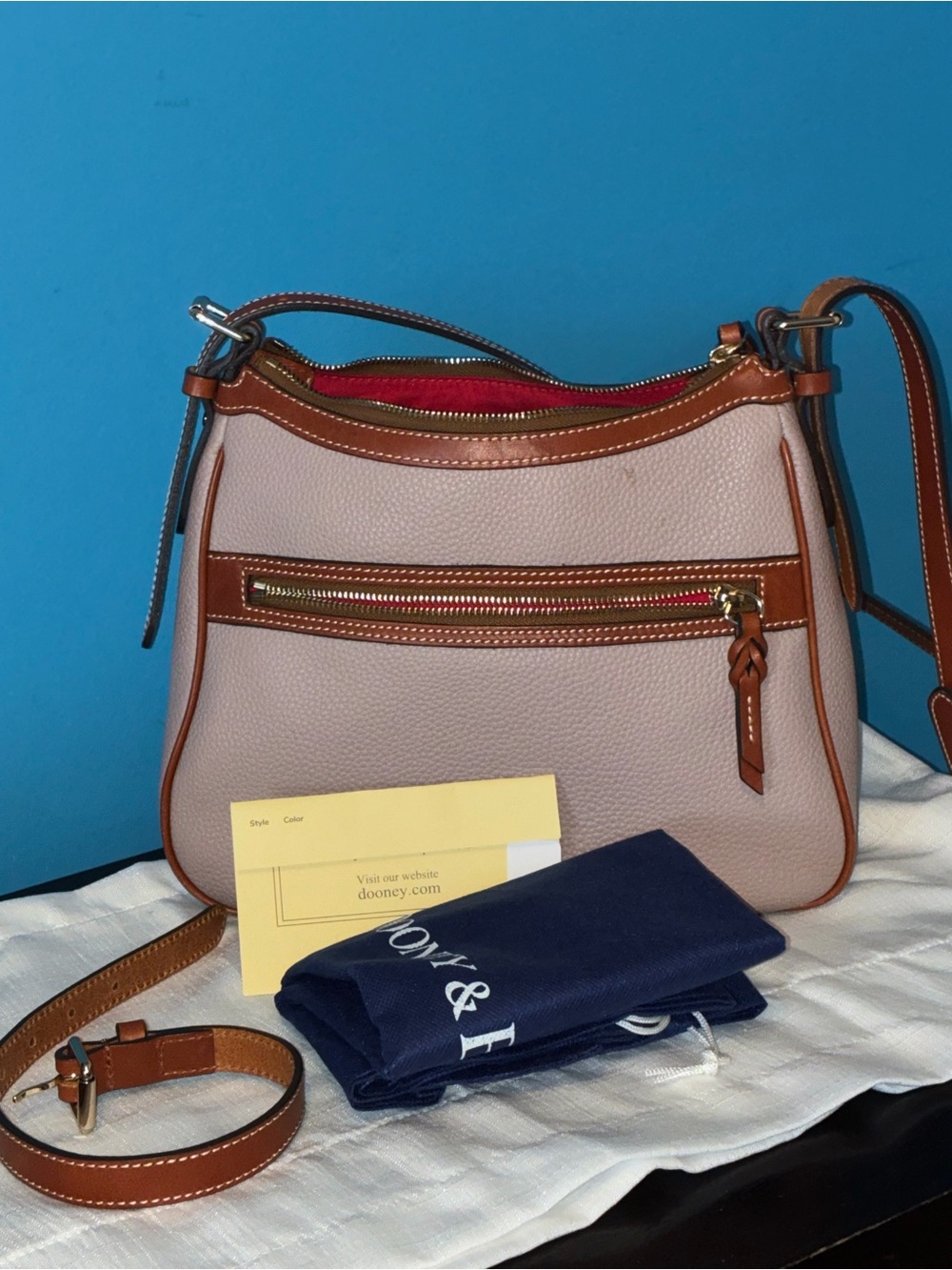 Dooney & Bourke Pebbled Leather Crossbody in Light Taupe with Tan Trim